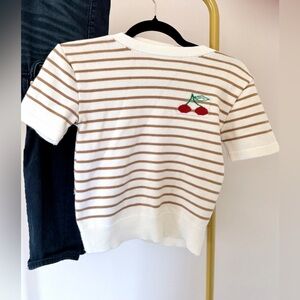 Cherry Striped Knit Sweater Top Cream Brown Short Sleeve Size M